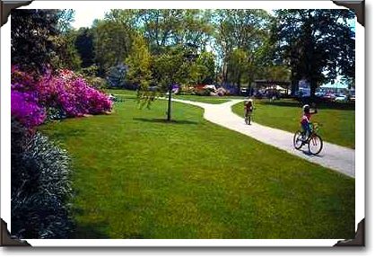 Young cyclists enjoy azalea garden Young cyclists enjoy azalea garden