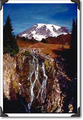 Waterfall and peak, Mount Rainier National Park Waterfall and peak, Mount Rainier National Park