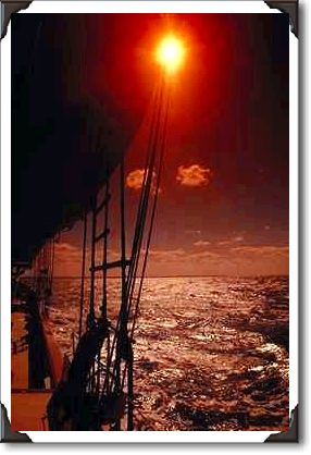 Ocean through rigging of tall ship, sunset off Florida Ocean through rigging of tall ship, sunset off Florida