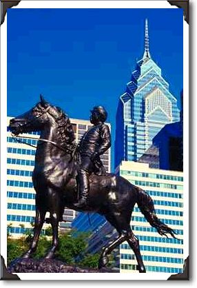 Cavalry soldier surveys urban setting, Philadelphia Cavalry soldier surveys urban setting, Philadelphia