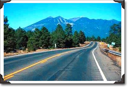 San Francisco peaks, flagstaff rebuilt, highway 66, Arizona San Francisco peaks, flagstaff rebuilt, highway 66, Arizona