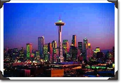 Sunset view of Space Needle and city scape, Seattle, Washington State Sunset view of Space Needle and city scape, Seattle, Washington State