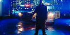 New York City skyline, man with gun in hand