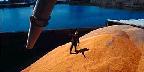 Barge being loaded with grain on Mississippi River in Dubuque, Iowa